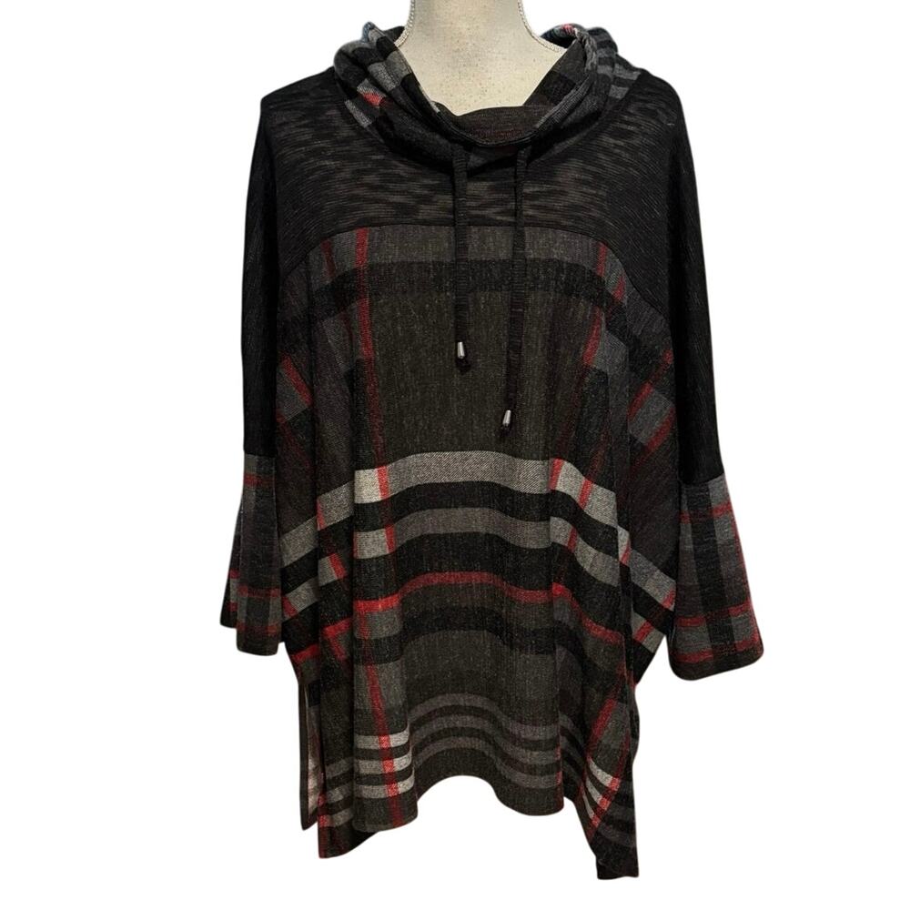 Ali Miles Size L XL Plaid Knit Poncho Sweater Cowl Neck Grey Red Black